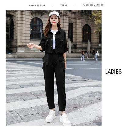 JOEVILU 2PCS Streetwear Tracksuit Cargo Coat Casual Pants 2 Piece Sets Women's Outfits Spring and Autumn Korean Fashion Y2k Suit