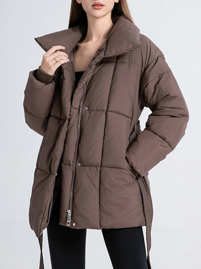 LANMREM Women's Parkas Solid Color Warm Cotton Padded Coat Jacket Belt Gathered Waist Female Fashion Winter Clothing 2DB1775
