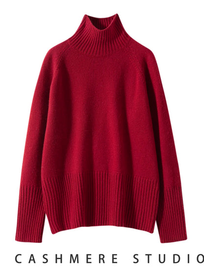 Women's 100% Cashmere Sweater Turtleneck Raglan Sleeve Pullover Autumn Winter Thick Casual Loose Style Cashmere Knitwear Korean