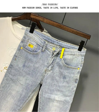 Summer Autumn Korean Designer Luxury Clothing Embroidered Slim Pencil Jeans Men Vintage Washed Casual Streetwear Cotton Trousers