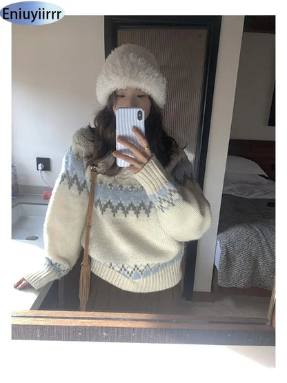 New Arrival Autumn Winter 2024 Scandinavia Lethargic Style Casual Women Tops Geometric Striped Lantern Sleeve Mock Neck Sweater