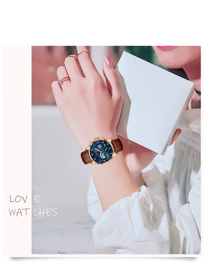 LIGE Women Watches Fashion Luxury Quartz Leather Strap Moon Phase Waterproof Luminous Wristwatch Date Business Casual Lady Clock