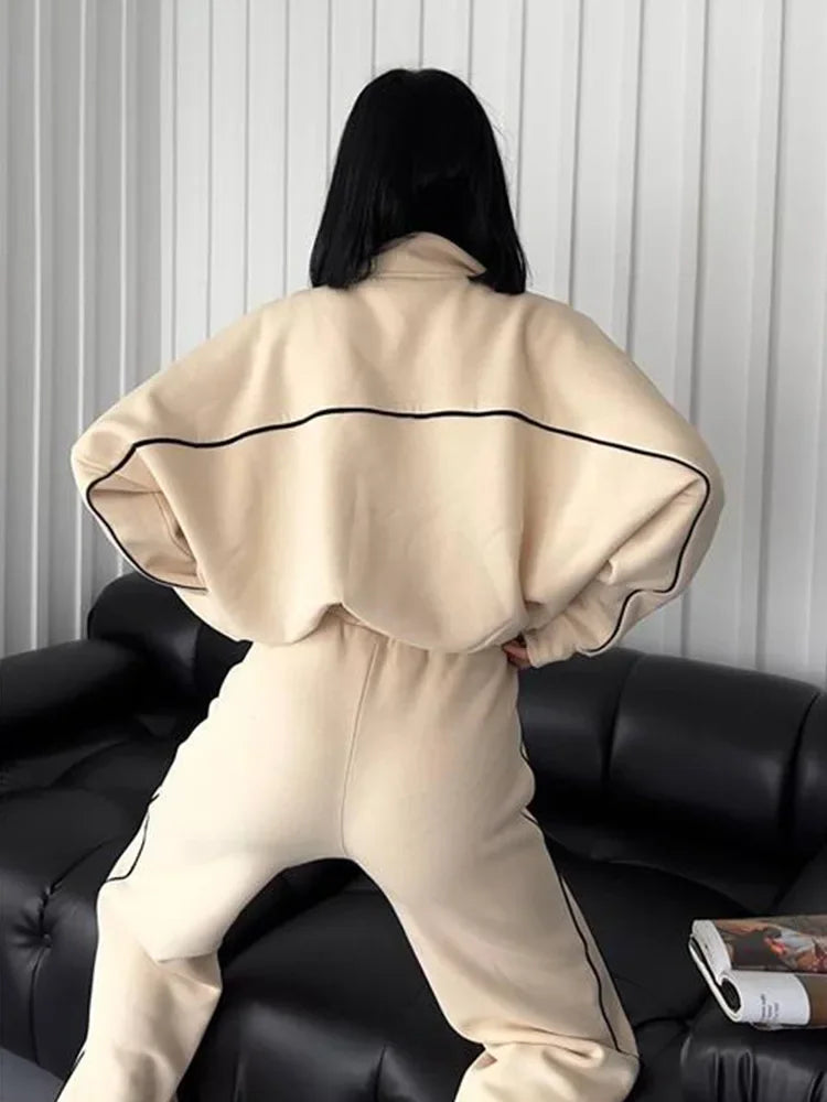 Jacket Women Tracksuit Wide Leg Pants Two Pieces Set Half High Neck Zippers Cardigan Outerwear Drawstring Pockets Matching Set