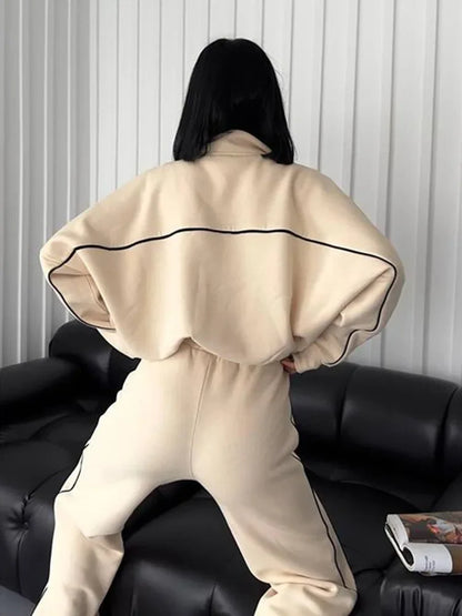Jacket Women Tracksuit Wide Leg Pants Two Pieces Set Half High Neck Zippers Cardigan Outerwear Drawstring Pockets Matching Set