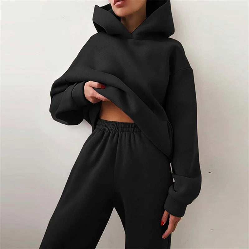 Two-Piece Oversized Tracksuit for Women, Warm Hoodie Sweatshirts, Long Pant Sets, Casual Hoody, Monochromatic, Autumn Fashion