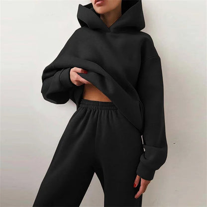 Two-Piece Oversized Tracksuit for Women, Warm Hoodie Sweatshirts, Long Pant Sets, Casual Hoody, Monochromatic, Autumn Fashion