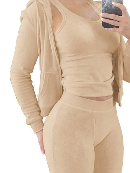 Autumn Winter Double-sided Velvet Vest 3 Piece Set For Woman's Fashion Hooded Sweatshirt Jacket Slim Pocket Trousers Female Suit