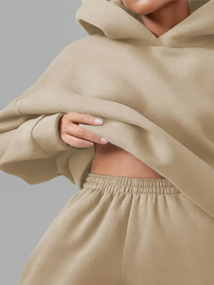 Autumn Winter Casual Thickened Sports Hooded Sweatshirt Trousers Suit Women's Fashion Loose Pocket Female Trousers 2 Pieces Set