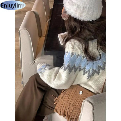 New Arrival Autumn Winter 2024 Scandinavia Lethargic Style Casual Women Tops Geometric Striped Lantern Sleeve Mock Neck Sweater