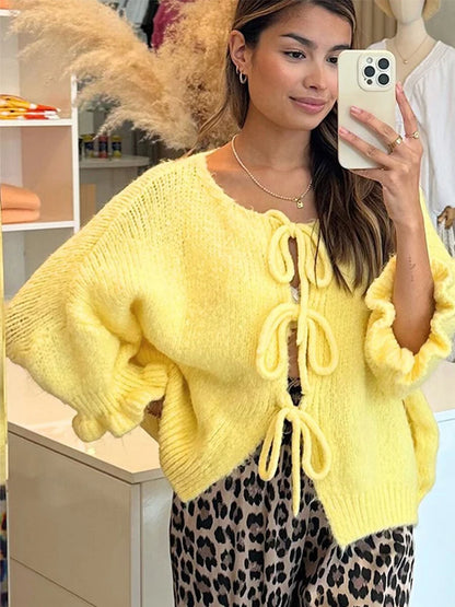 Bow Lace Up Hollow Out Knitted Cardigan  for Women