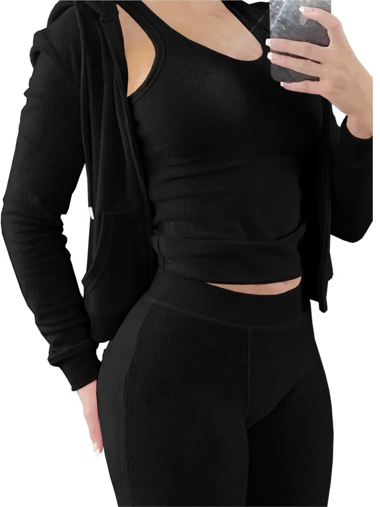 Autumn Winter Double-sided Velvet Vest 3 Piece Set For Woman's Fashion Hooded Sweatshirt Jacket Slim Pocket Trousers Female Suit