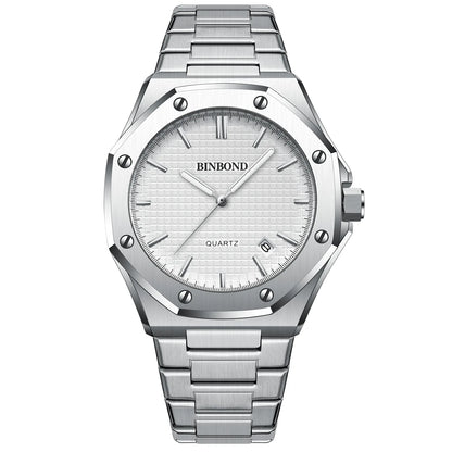 BINBOND Men's Watches Top Fashion Original Quartz Wrstwatch for Man Precision Steel Case Textured Dial Leather Strap Waterproof