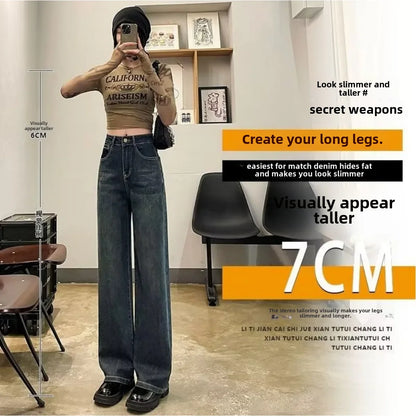 High-waisted Wide-leg Jeans Women's Autumn Winter Petite Fleece-lined Slimming Loose-fit Draped Concrete Grey Straight-leg Pants