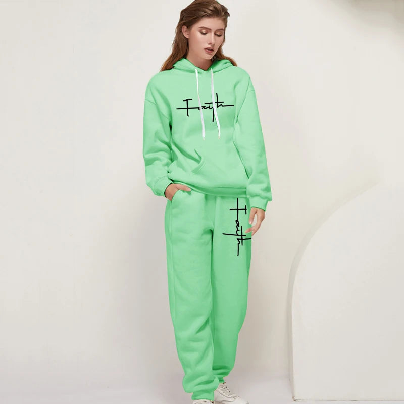 Women's Casual Tracksuit 2pcs Set Hoodie and Sweatpants Faith Printed Sportswear High Quality Ladies Home Outdoor Fashion Outfit