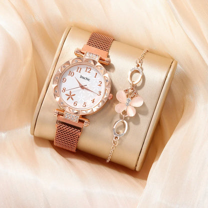 2 PCS New Women's Small Fresh Fashion Digital Rhinestone Star Quartz Watch Luxury Butterfly Jewelry Bracelet Birthday Gift Set
