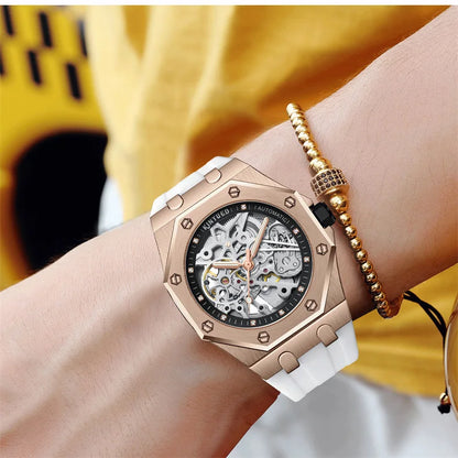 KINYUED Fashion Skeleton Mechanical Watch Top Brand Luxury Men's Steampunk Transparent Hollow Automatic Watch Relogio Masculino