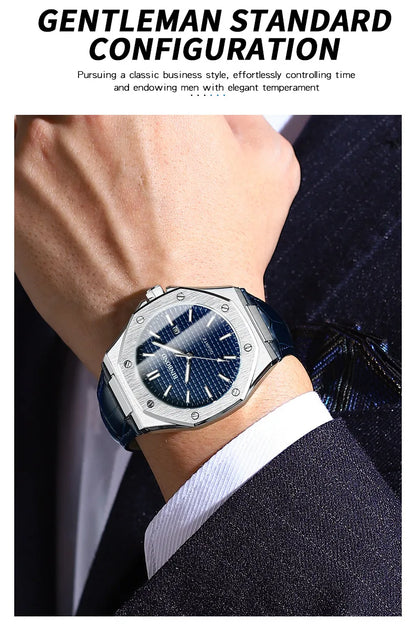 BINBOND Men's Watches Top Fashion Original Quartz Wrstwatch for Man Precision Steel Case Textured Dial Leather Strap Waterproof