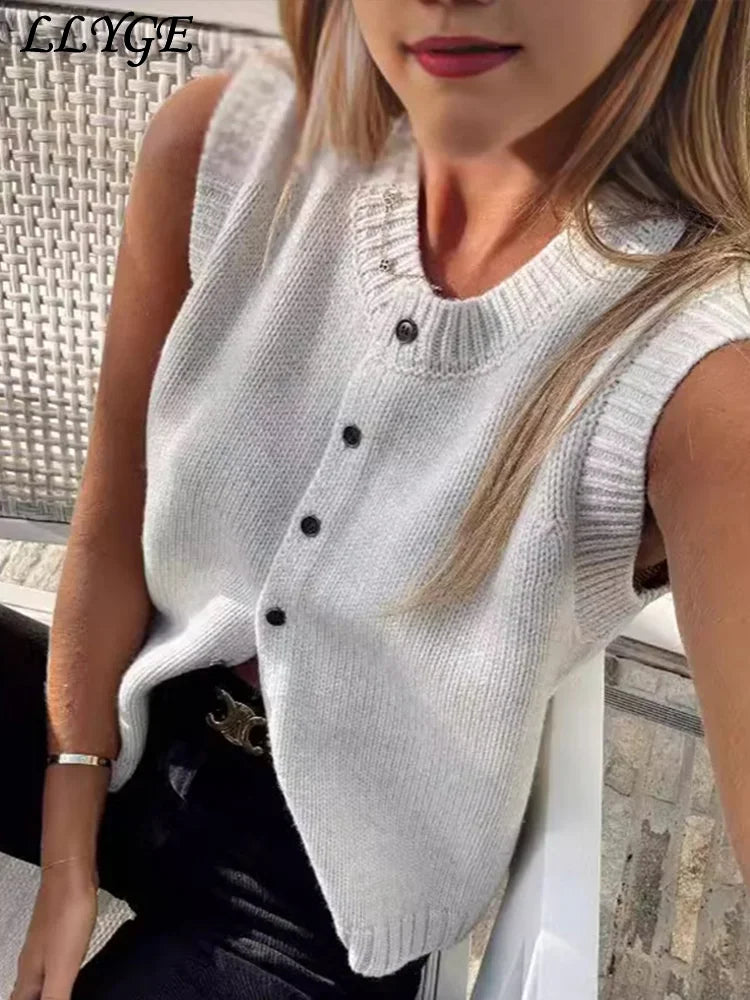 Casual Knitted Single Breasted Vest Women Loose Solid O Neck Sleeveless Female Waistcoat 2024 Autumn Lady All-match Streetwear