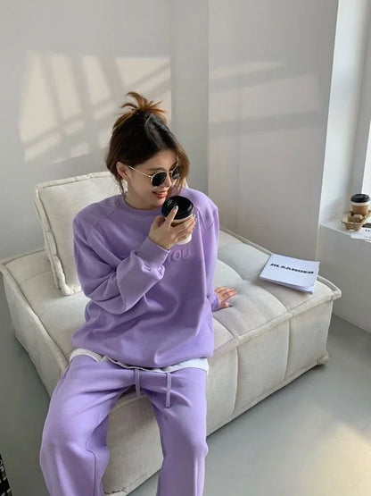 Large Size Velvet Thickened Sports and Leisure Suit Women's Autumn and Winter New Fashion Loose Sweater Trousers Two-piece Set