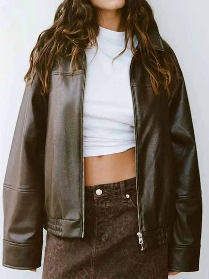 2024 Autumn New Women's Clothing European and American Style French Design Fashionable Versatile Textured Leather Jacket