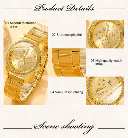 6PCS Set Luxury Watch Women Ring Necklace Earring Rhinestone Fashion Wristwatch Casual Ladies Watches Bracelet Set Clock