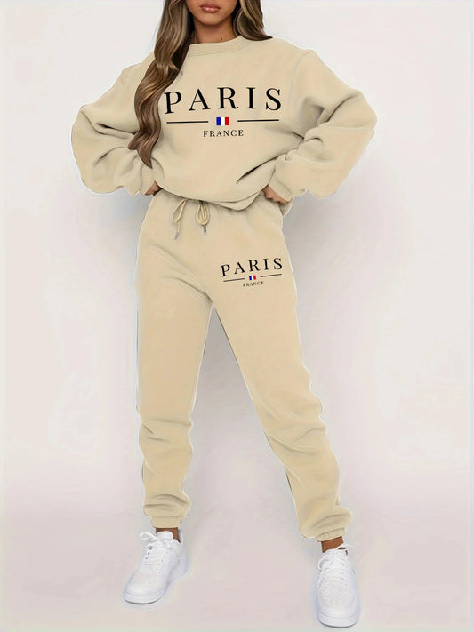 Women's Autumn/Winter Hip Hop Casual Street Paris French Pattern Printed Round Neck Sweatshirt+Sweatpants Warm Set