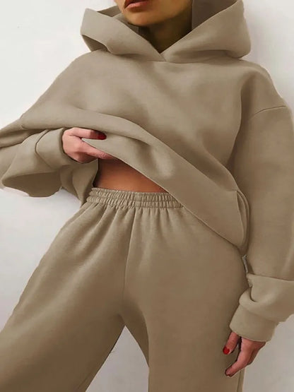 Autumn Winter Casual Thickened Sports Hooded Sweatshirt Trousers Suit Women's Fashion Loose Pocket Female Trousers 2 Pieces Set