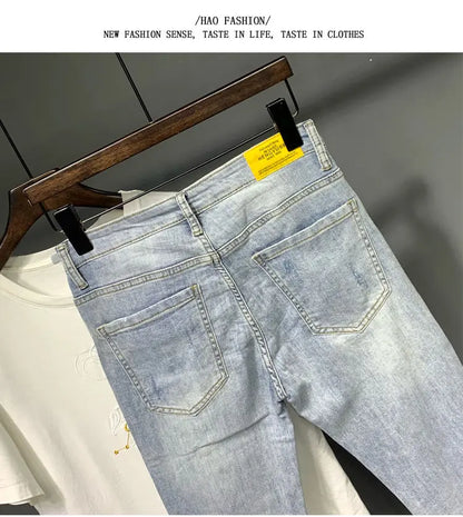 Summer Autumn Korean Designer Luxury Clothing Embroidered Slim Pencil Jeans Men Vintage Washed Casual Streetwear Cotton Trousers