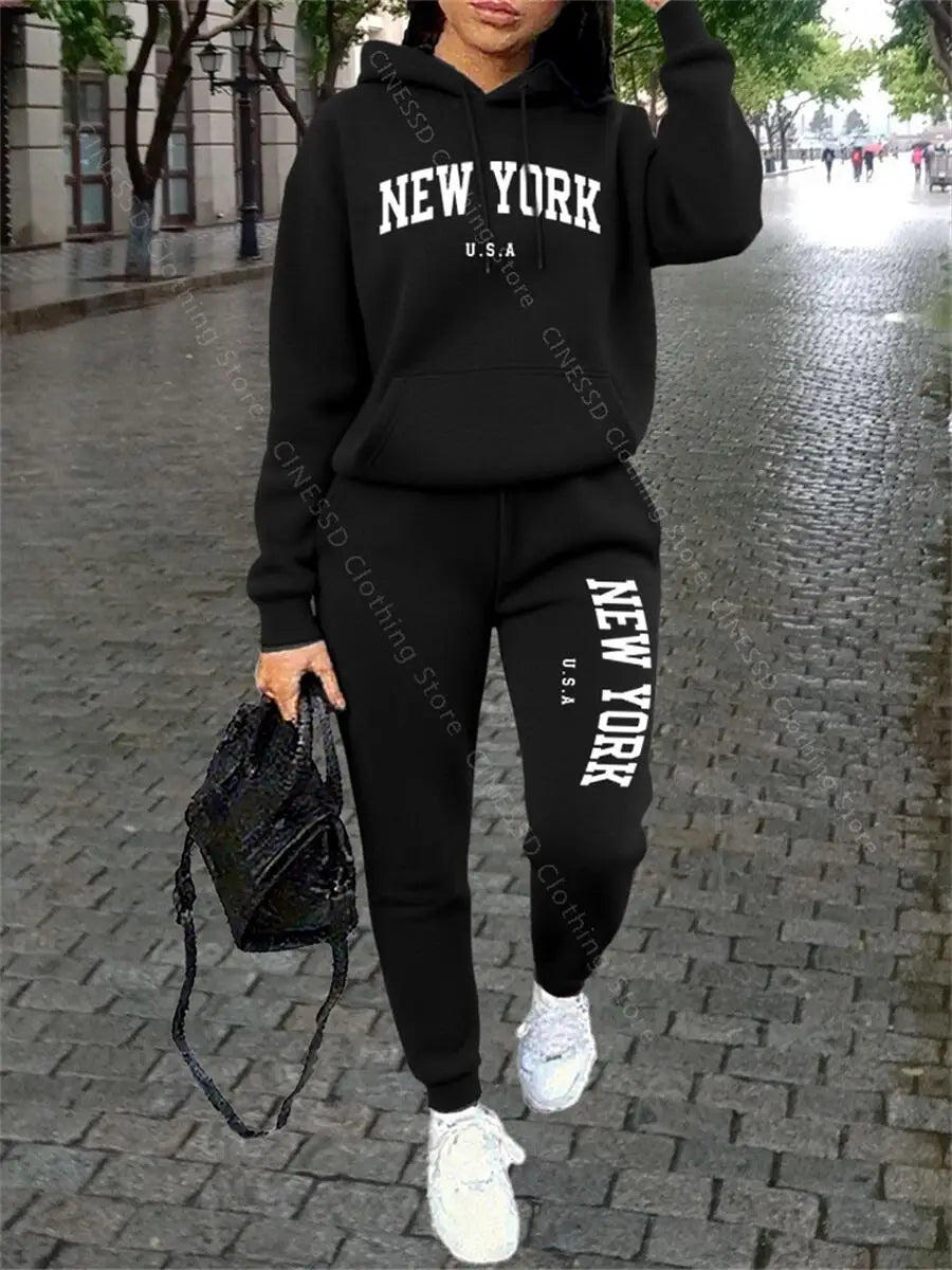 NEW YORK Women Sweatsuit Autumn Winter Two Piece Set Hoodie Pants High quality Loose Fashion Streetwear Ladies Tracksuit Outfits
