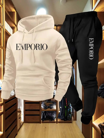 Men's Solid Color Tracksuit Set, Winter Warm Hooded Sweatshirt & Joggers, Casual Streetwear Outfit, Gym Workout Athletic Clothin