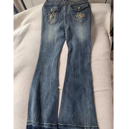 Women's Blue Baggy Flare Jeans Vintage Korean Low Waist Cowboy Pants Harajuku Denim Trousers 90s Aesthetic Y2k Emo 2000s Clothes