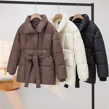 LANMREM Women's Parkas Solid Color Warm Cotton Padded Coat Jacket Belt Gathered Waist Female Fashion Winter Clothing 2DB1775