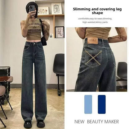 High-waisted Wide-leg Jeans Women's Autumn Winter Petite Fleece-lined Slimming Loose-fit Draped Concrete Grey Straight-leg Pants