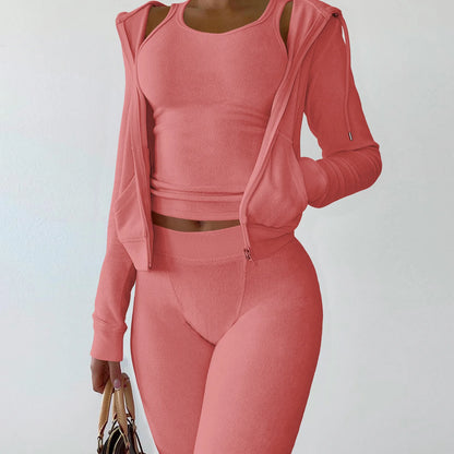 Autumn Winter Double-sided Velvet Vest 3 Piece Set For Woman's Fashion Hooded Sweatshirt Jacket Slim Pocket Trousers Female Suit