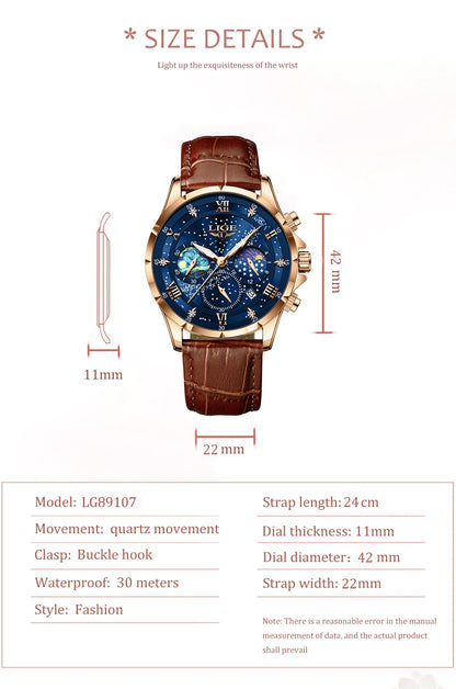 LIGE Women Watches Fashion Luxury Quartz Leather Strap Moon Phase Waterproof Luminous Wristwatch Date Business Casual Lady Clock