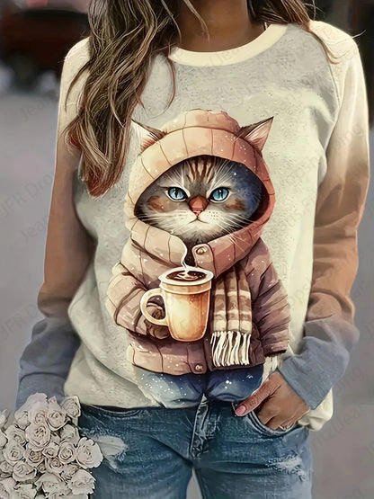 Coffee Cat 3d Print Hoodie Women Fashion Crew Neck Casual Hoodies Animal Cat Sweatshirts Girl Coats Women Sweats Female Clothes