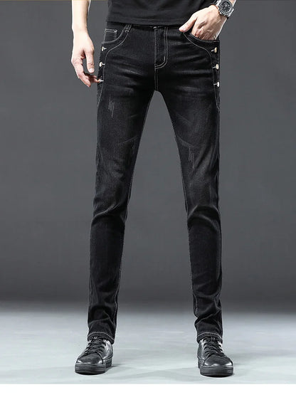 Classic Slim Vintage Fashion Men's Designer Jeans Snowflake Grey Wash Korean Fashion Stretch Pants Multi-button Denim Trousers