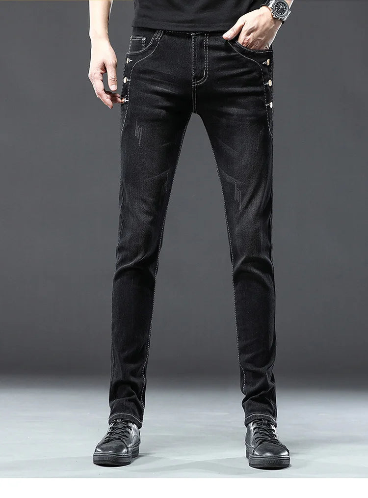 Classic Slim Vintage Fashion Men's Designer Jeans Snowflake Grey Wash Korean Fashion Stretch Pants Multi-button Denim Trousers