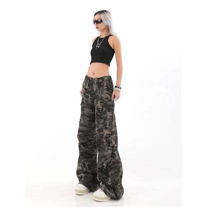 American Retro High Street Casual Overalls Camouflage Loose Wide Leg Pants For Women Y2k Hip-hop Cargo Grunge Baggy Trousers