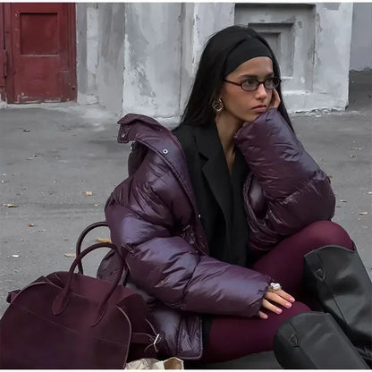 Fashion Burgundy Winter Warm Thicken Zipper Jacket Women Chic Stand Collar Pocket Cotton Coat 2024 Autumn Winter Lady Streetwear