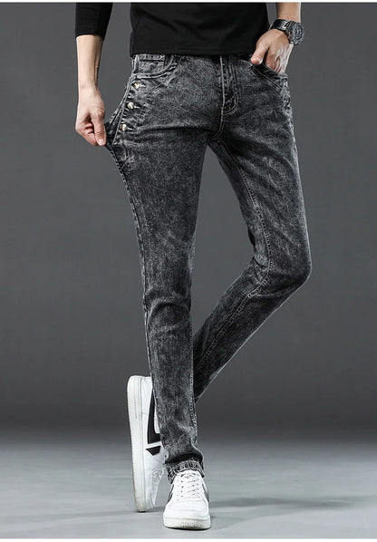 Classic Slim Vintage Fashion Men's Designer Jeans Snowflake Grey Wash Korean Fashion Stretch Pants Multi-button Denim Trousers