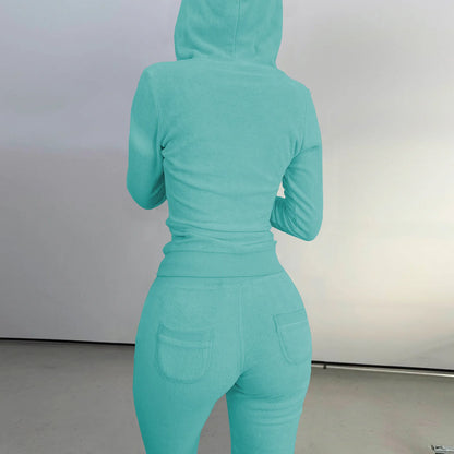 Autumn Winter Double-sided Velvet Vest 3 Piece Set For Woman's Fashion Hooded Sweatshirt Jacket Slim Pocket Trousers Female Suit