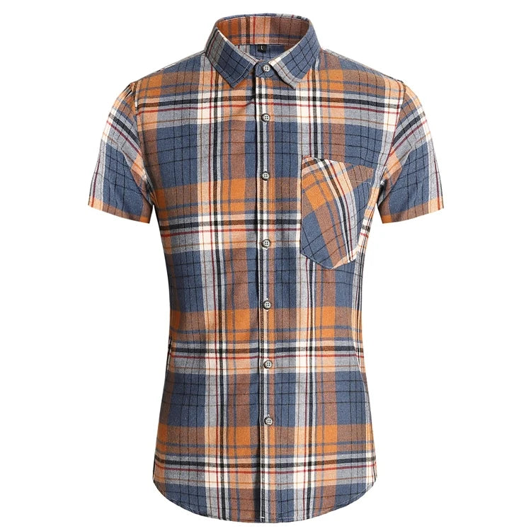Striped Plaid Short Sleeved Shirt Men's Single-breasted Square Collar Cotton Shirts Summer Fashion Casual Camisa Men Chemise 7XL