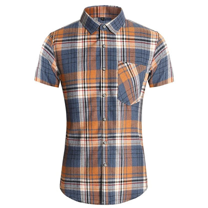 Striped Plaid Short Sleeved Shirt Men's Single-breasted Square Collar Cotton Shirts Summer Fashion Casual Camisa Men Chemise 7XL