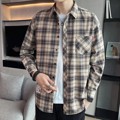 Men's Long Sleeved Checkered Shirt, Korean Slim Fit Jacket, Casual Student Trend Shirt, Lining