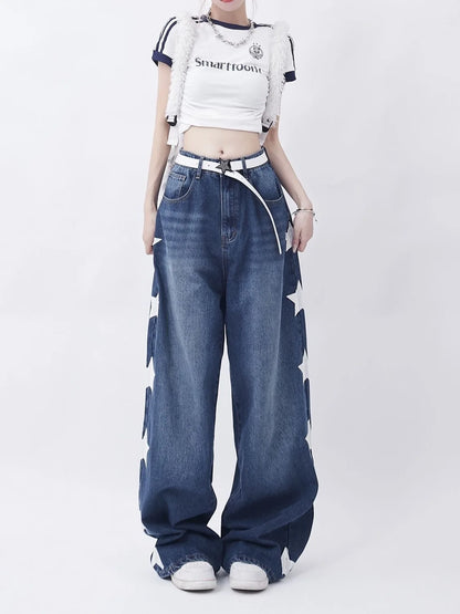American Retro Jeans Five-point Star Raw Edge Splicing Loose Wide-leg Jeans Women Look Thin Trendy All-match Mopping Pants Women