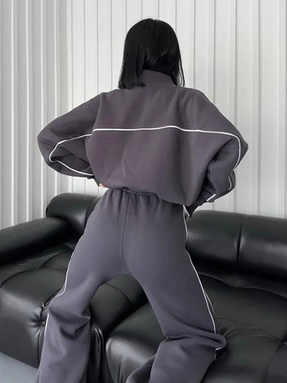 Jacket Women Tracksuit Wide Leg Pants Two Pieces Set Half High Neck Zippers Cardigan Outerwear Drawstring Pockets Matching Set