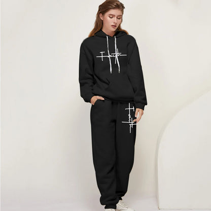 Women's Casual Tracksuit 2pcs Set Hoodie and Sweatpants Faith Printed Sportswear High Quality Ladies Home Outdoor Fashion Outfit