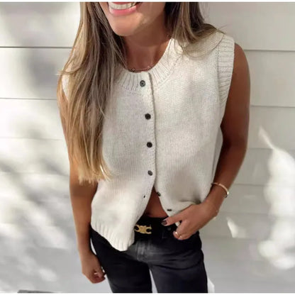 Casual Knitted Single Breasted Vest Women Loose Solid O Neck Sleeveless Female Waistcoat 2024 Autumn Lady All-match Streetwear