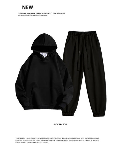 Spring Autumn Men Suit Thickened Warm Windproof Hooded Long Sleeve Trouser Solid Color Casual Sports Two Piece Running Sport Set